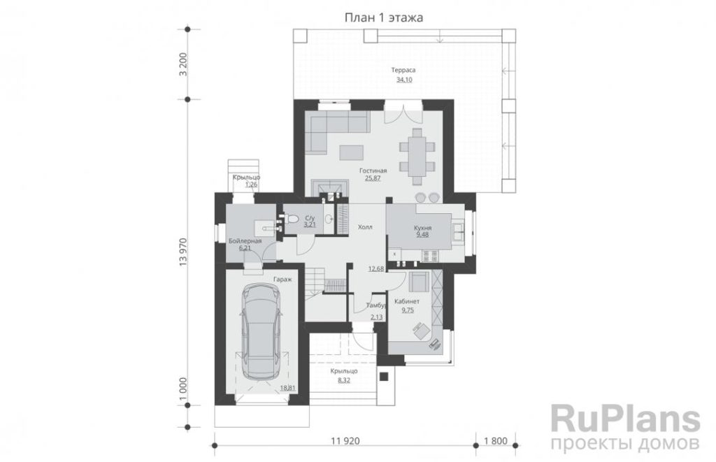 Планировка Двухэтажный дом с гаражом, террасами и балконом Rg5231