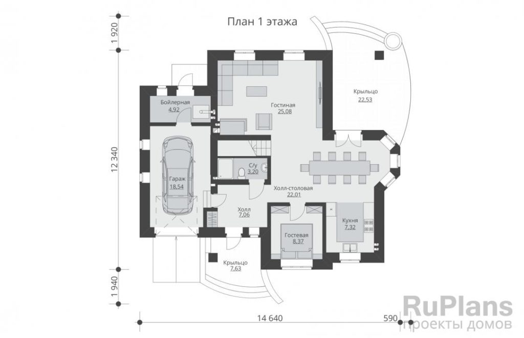 Планировка Одноэтажный жилой дом с мансардой и террасой Rg4942