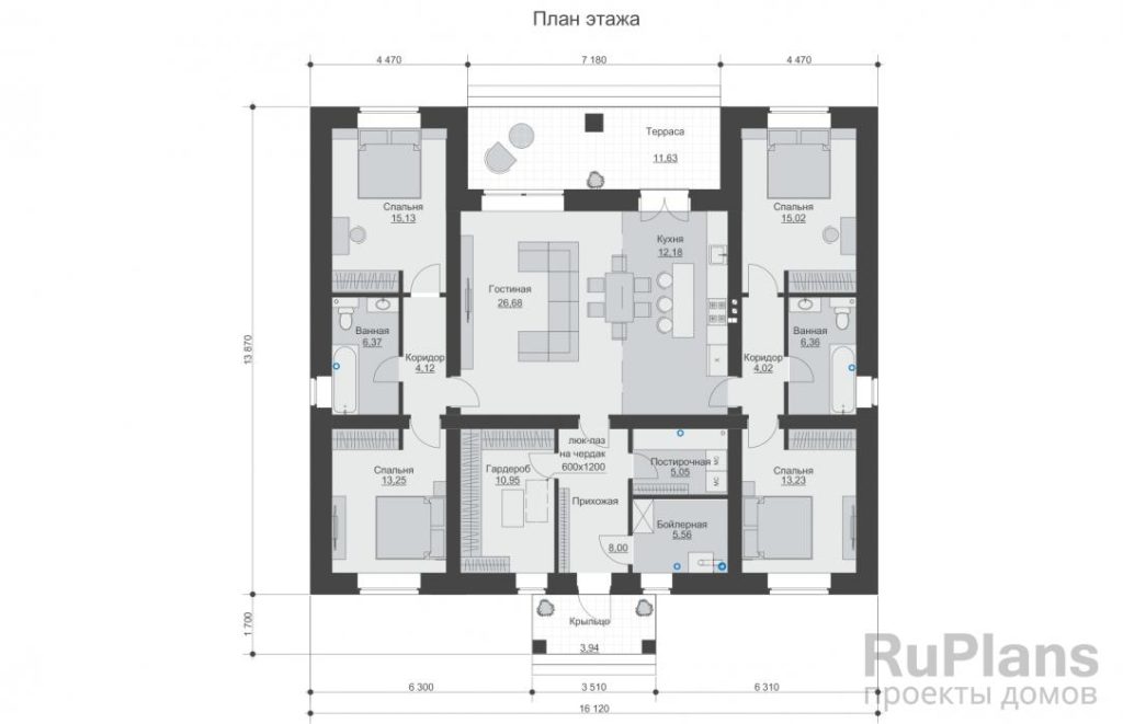 Планировка Одноэтажный дом с террасой, крыльцом и 4 спальнями Rg6234