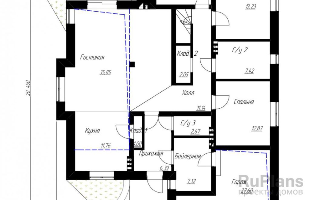 Планировка Проект одноэтажного дома с гаражом и террасой Rg4821