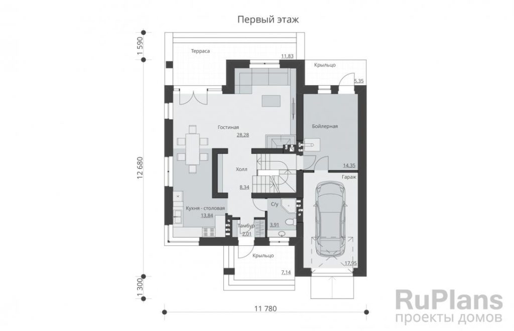 Планировка Двухэтажный дом с подвалом, гаражом, террасой и балконом Rg5129