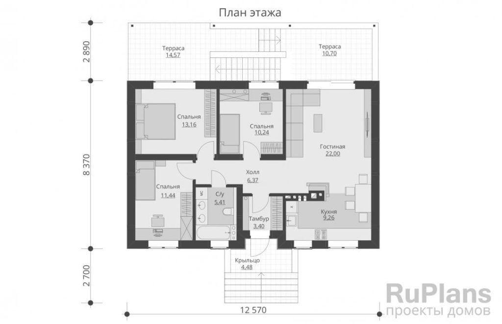 Планировка Одноэтажный дом с подвалом и террасой Rg5727
