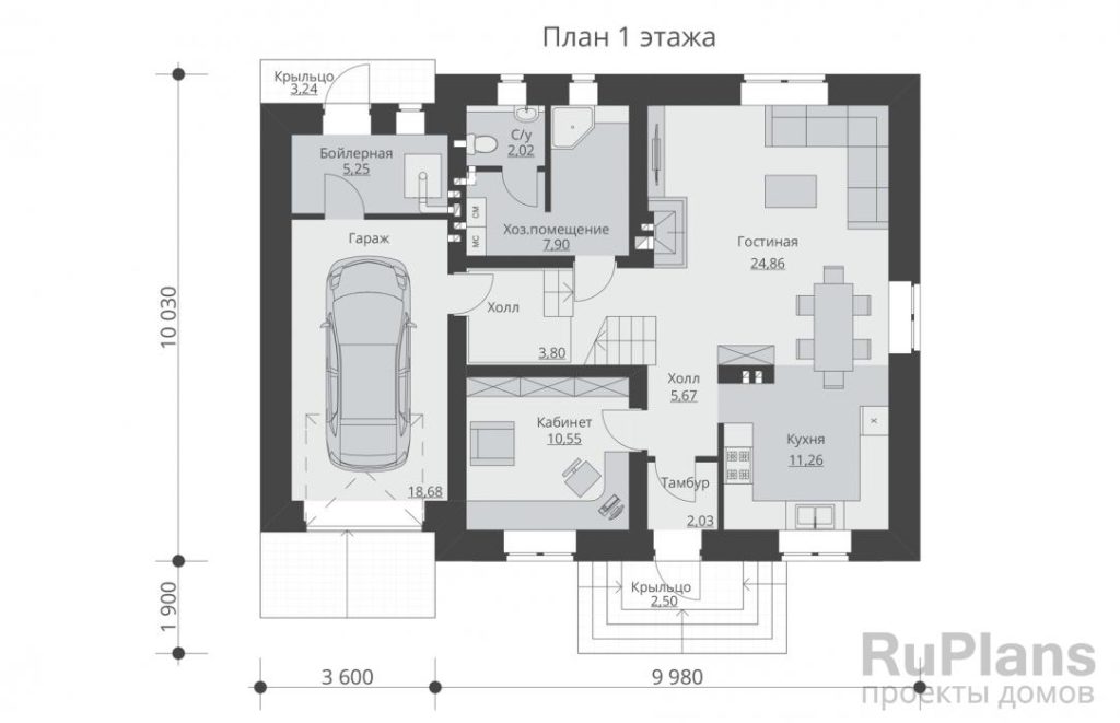 Планировка Одноэтажный дом с мансардой и гаражом Rg5390