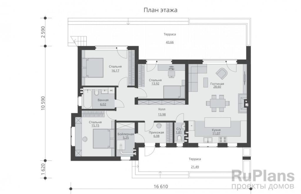 Планировка Одноэтажный жилой дом с террасами и эксплуатируемой кровлей Rg5692