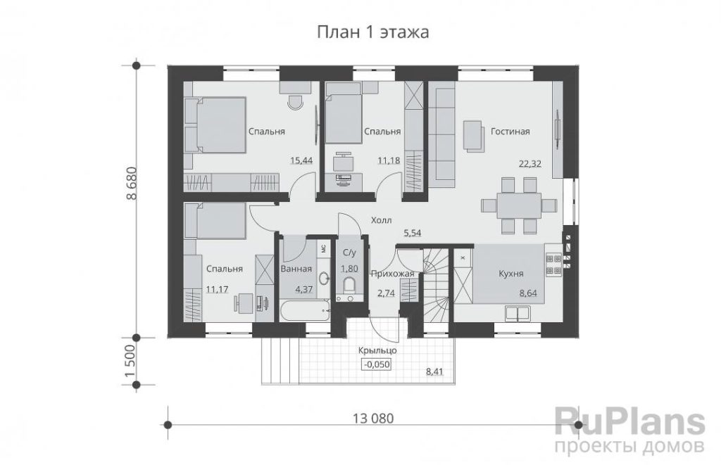 Планировка Одноэтажный дом с подвалом и тремя спальнями Rg6500