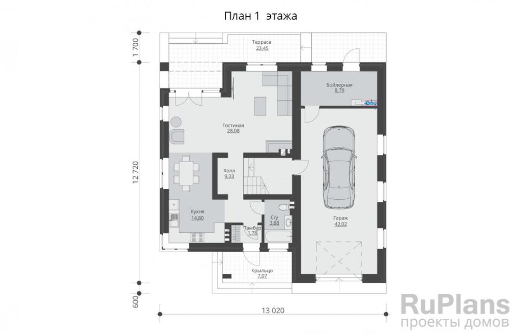 Планировка Двухэтажный дом с гаражом и террасой Rg5965