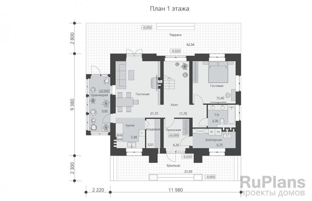 Планировка Двухэтажный дом с оранжереей, балконами, тремя спальнями и гостевой Rg3426