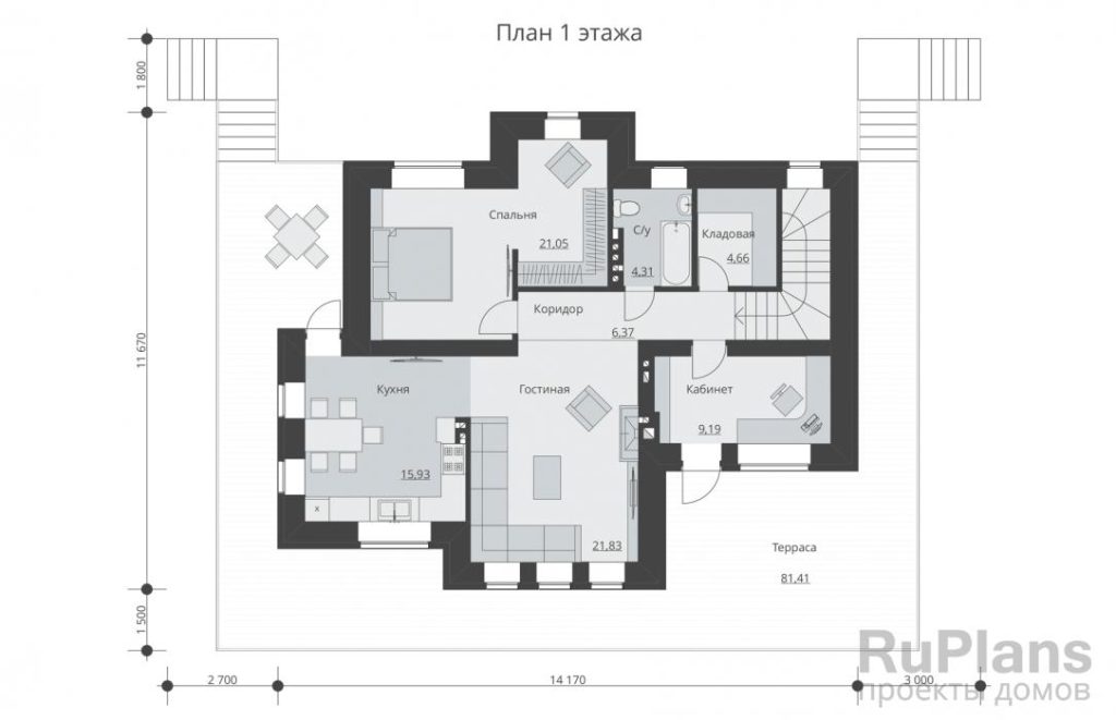 Планировка Дом с цоколем и террасой Rg5122
