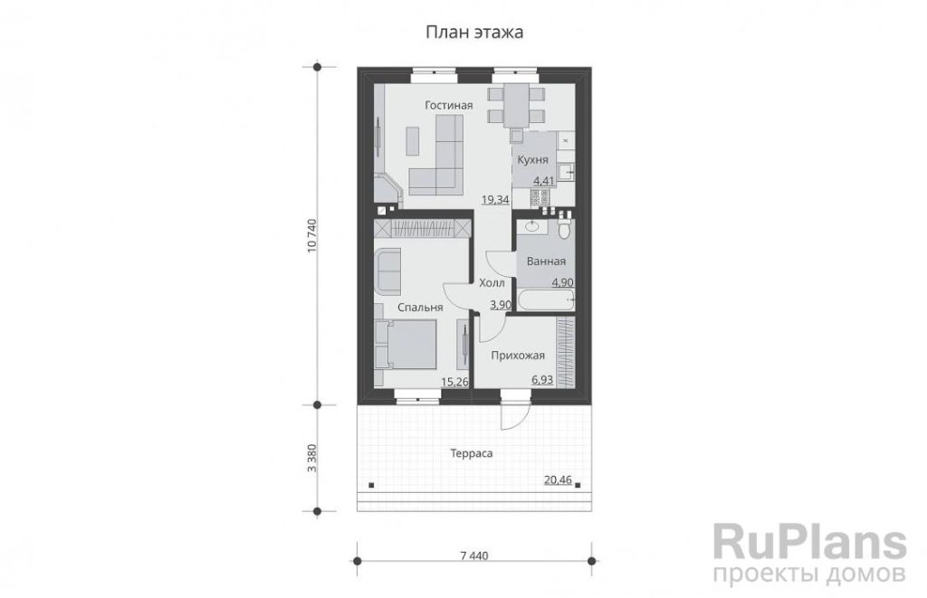 Планировка Оодноэтажный дом с террасой, спальней и отделкой облицовочным кирпичом Rg6250