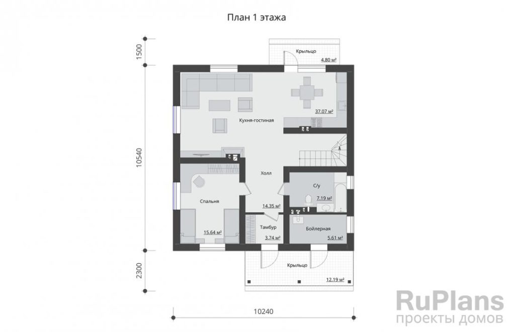 Планировка Одноэтажный коттедж с мансардой Rg3571