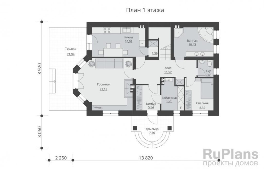 Планировка Одноэтажный дом с мансардой и террасой Rg5251