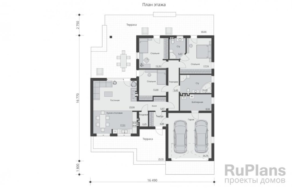 Планировка Проект одноэтажного дома с террасами и гаражом Rg5424