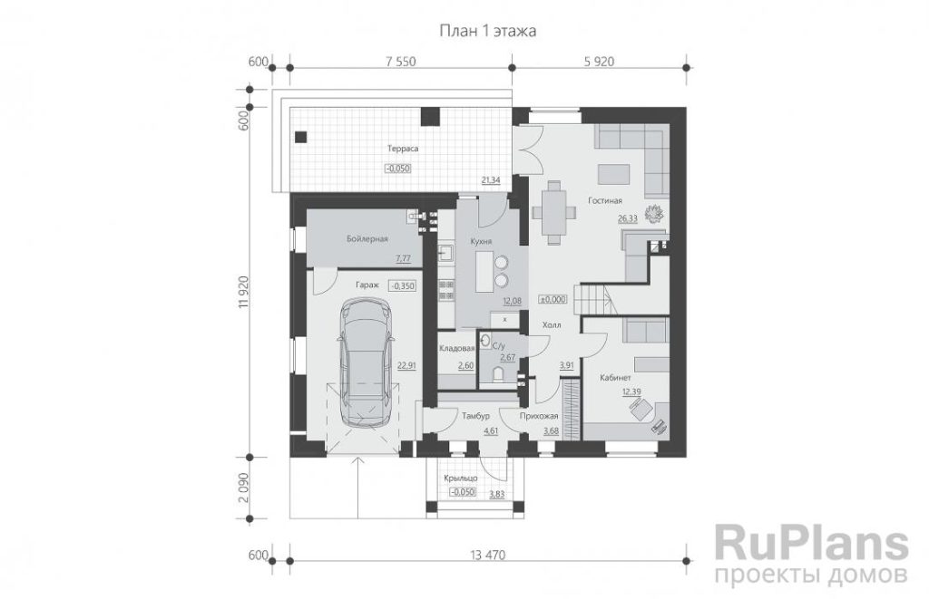 Планировка Двухэтажный дом с террасой, балконом и гаражом на 1 машину Rg6266