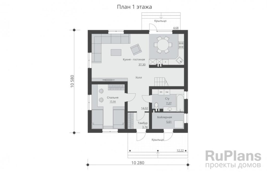 Планировка Проект одноэтажного жилого дома с мансардой Rg5110