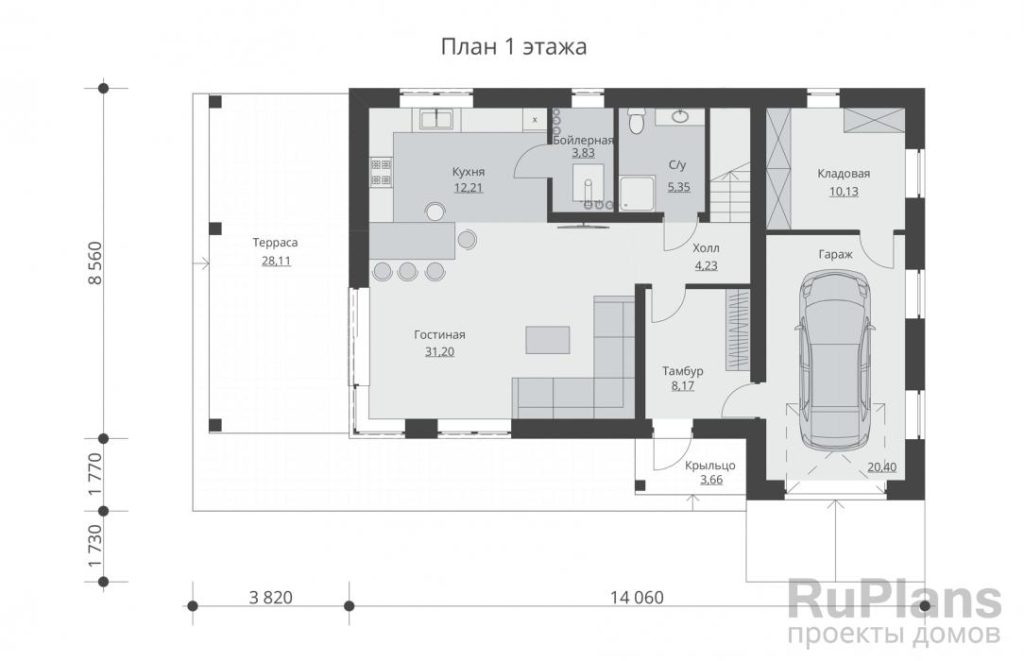 Планировка Двухэтажный дом с гаражом и террасами Rg5328