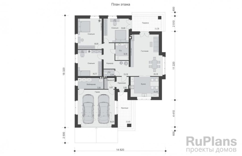 Планировка Одноэтажный дом с гаражом, камином и тремя спальнями Rg3846