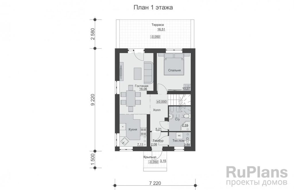 Планировка Одноэтажный дом с мансардой, террасой, тремя спальнями и отделкой листами АМК Rg6326