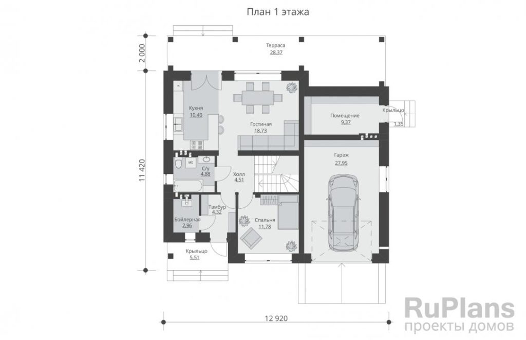 Планировка Проект одноэтажного жилого дома с мансардой, подвалом, гаражом и террасой Rg5535