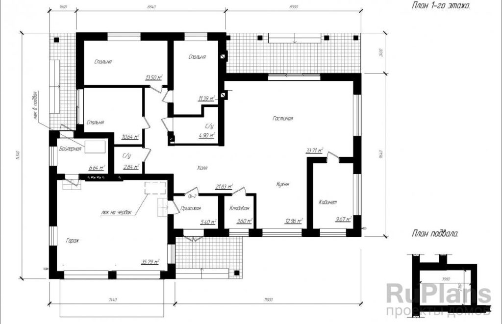 Планировка Одноэтажный дом с подвалом, гаражом на 2 машины и террасами Rg3188