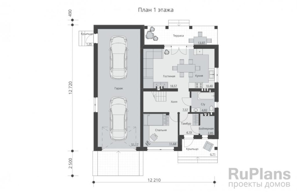 Планировка Проект одноэтажного дома с террасой и мансардой Rg5364