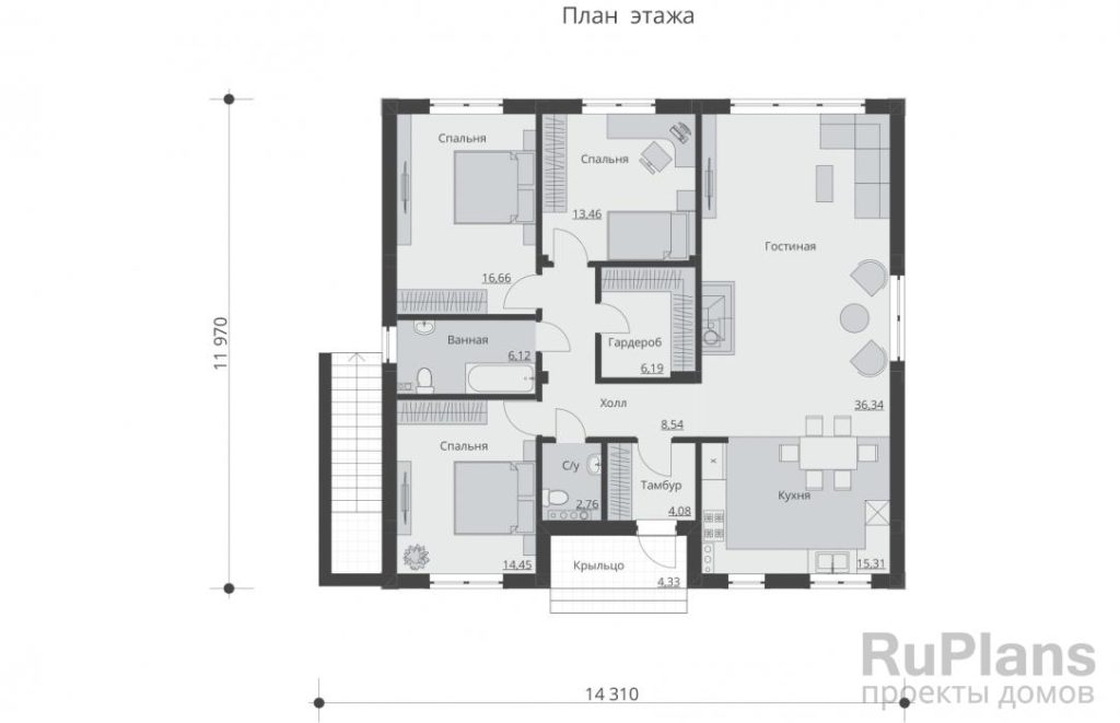 Планировка Одноэтажный дом с тремя спальнями, камином и подвалом Rg6016