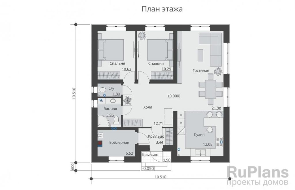 Планировка Одноэтажный дом с просторной гостиной и двумя спальнями. Rg6443