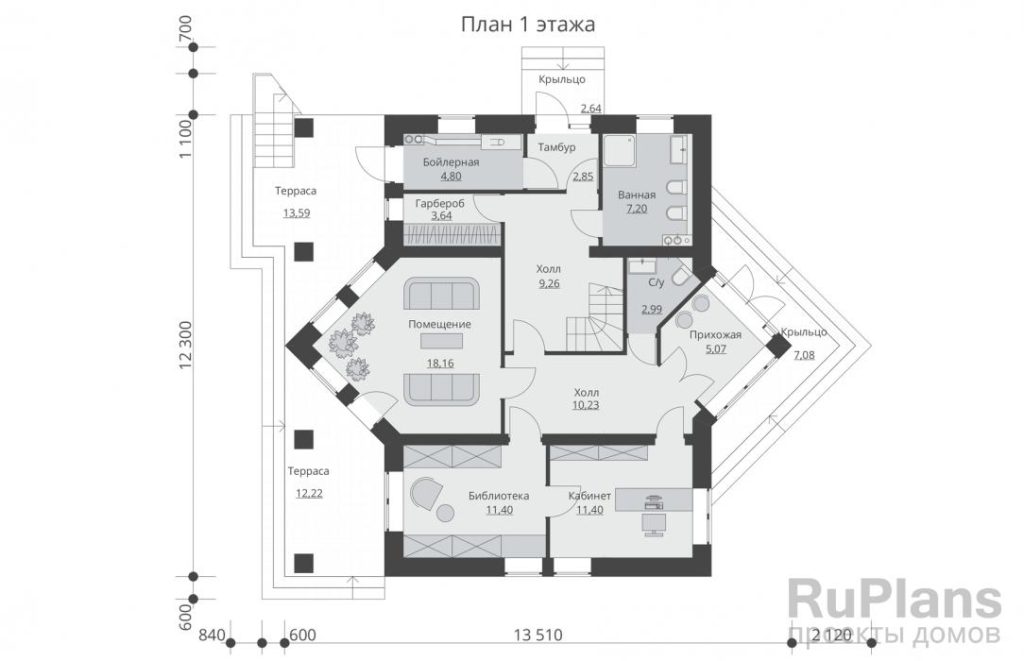 Планировка Одноэтажный жилой дом с мансардой и террасой Rg5703