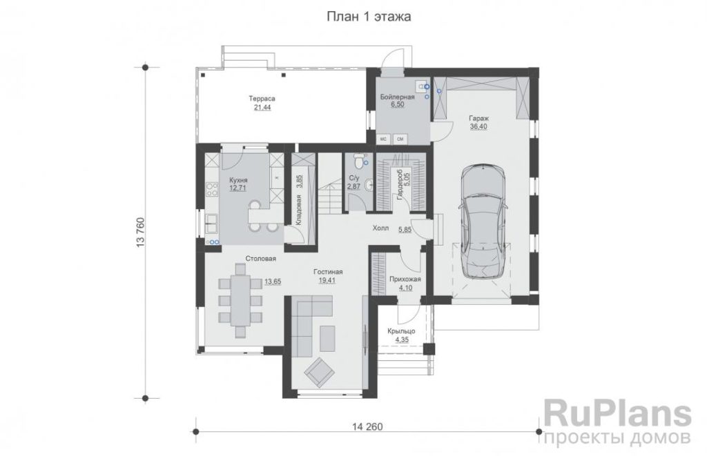 Планировка Двухэтажный дом с кухней-столовой, гаражом, тремя спальнями и балконом. Rg6576