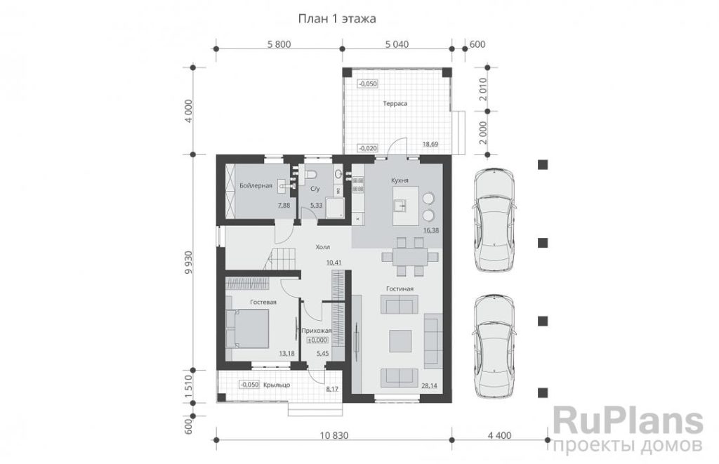Планировка Одноэтажный дом с мансардой, балконом и навесом под авто Rg3659