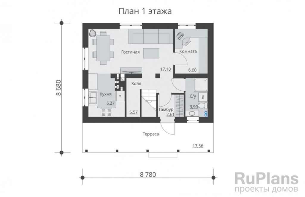 Планировка Одноэтажный жилой дом с мансардой и террасой Rg5442