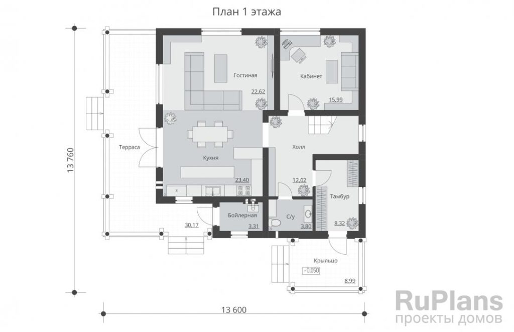 Планировка Одноэтажный дом с мансардой. Rg5347