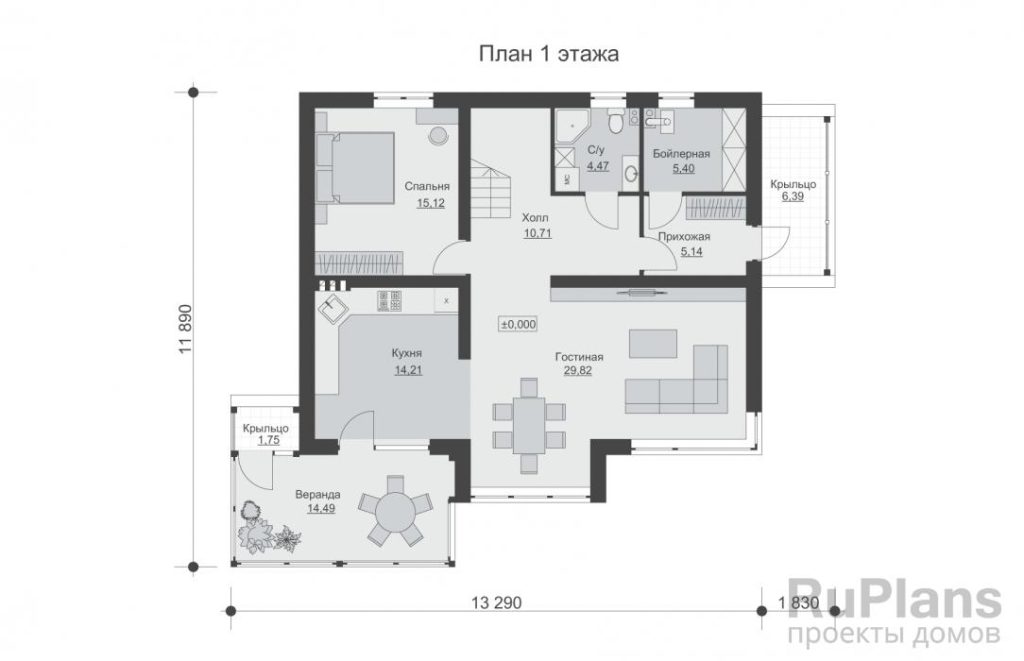 Планировка Одноэтажный дом с мансардой и верандой Rg6350