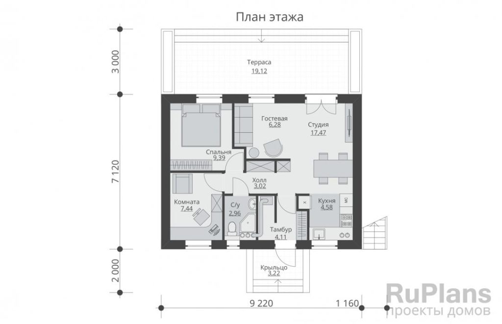 Планировка Одноэтажный жилой дом с террасой и эксплуатируемой кровлей Rg5456