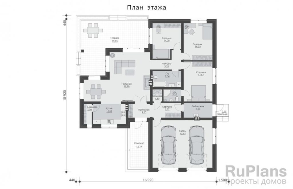 Планировка Одноэтажный дом с камином и гаражом Rg4920