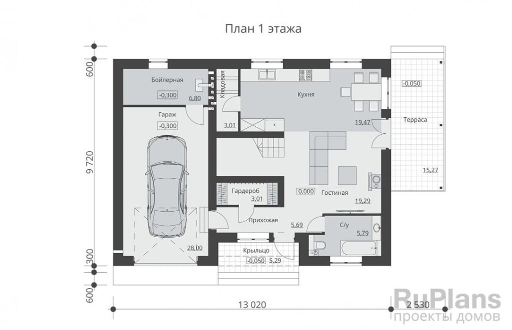 Планировка Одноэтажный дом с мансардой, гаражом и кабинетом Rg6240