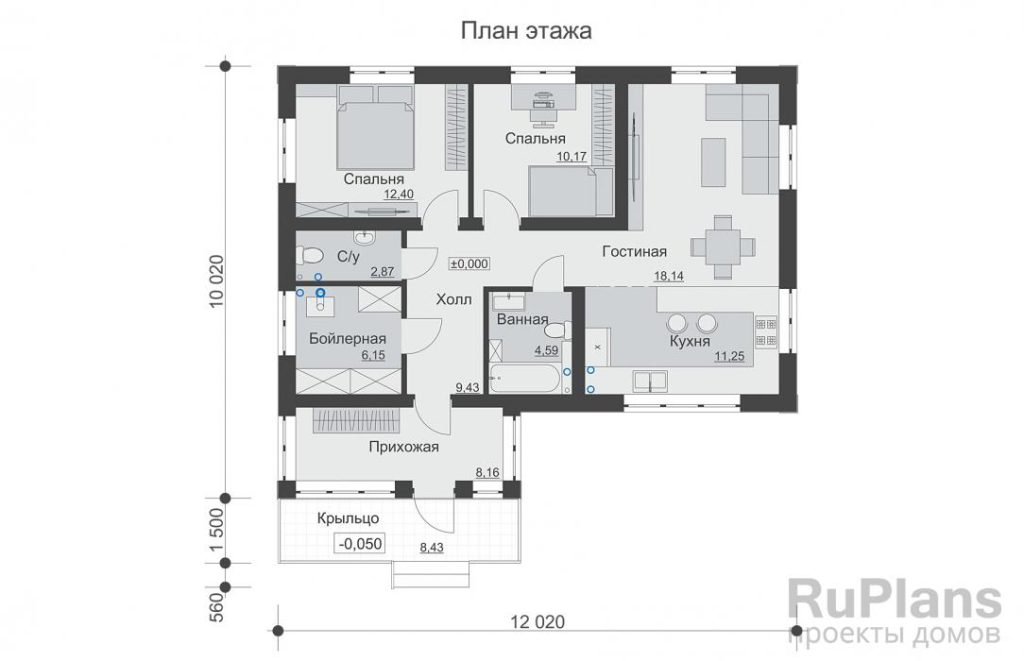 Планировка Одноэтажный дом с двумя спальнями и гостиной Rg6527