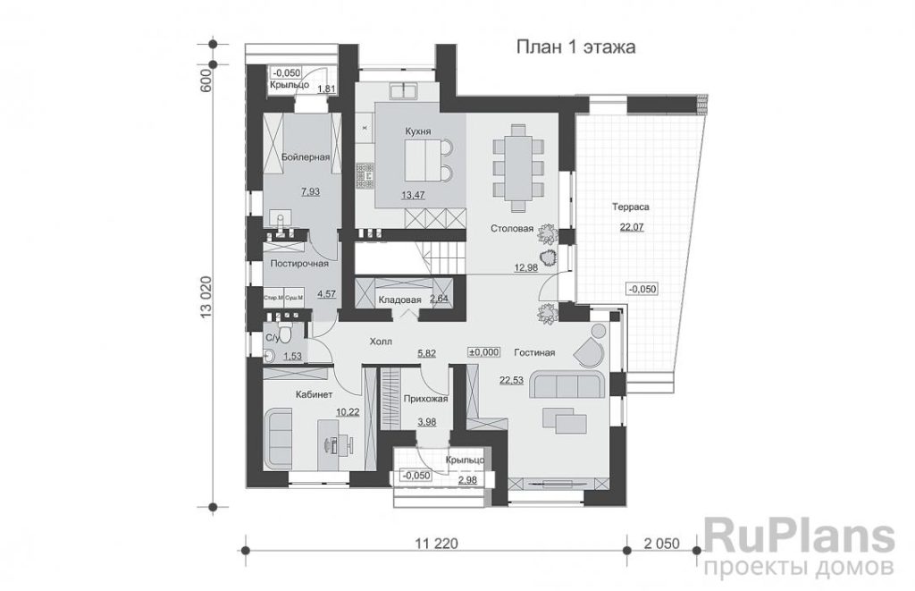 Планировка Двухэтажный дом с террасой, кабинетом и просторной гостиной Rg6548
