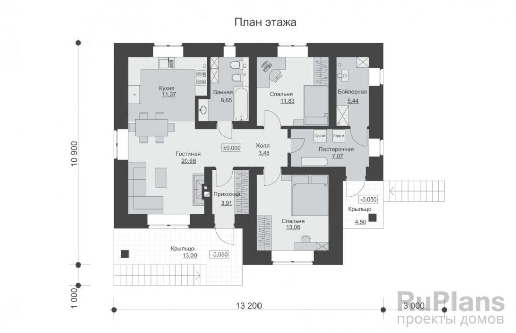 Планировка Одноэтажный дом с просторной гостиной и отделкой облицовочным кирпичом Rg6479