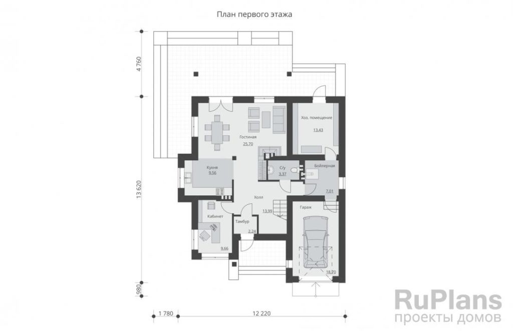 Планировка Проект двухэтажного дома с гаражом и террасой Rg4817