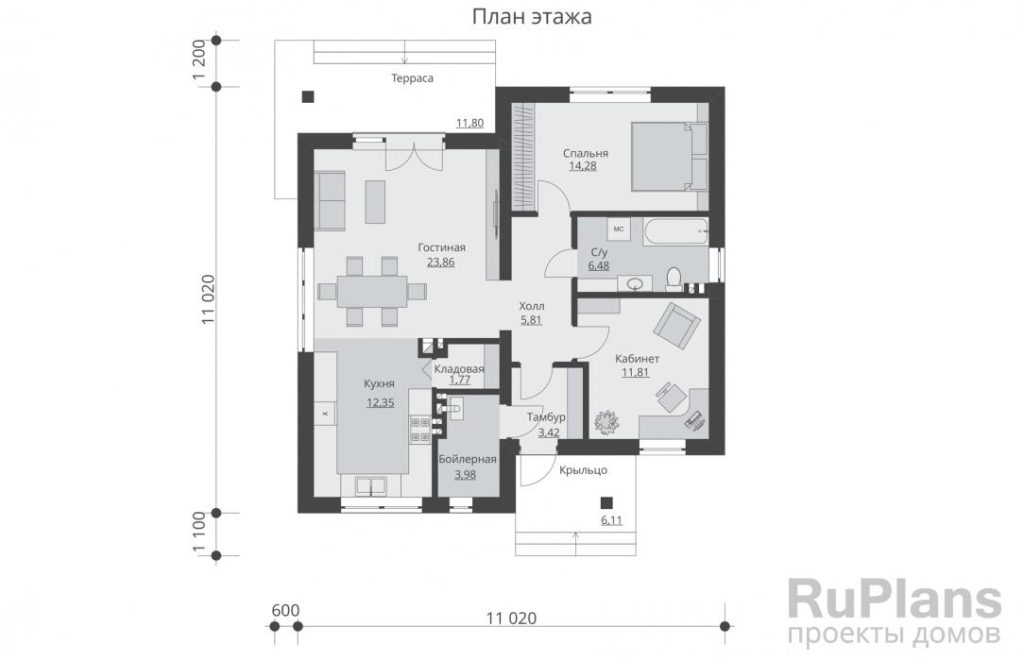 Планировка Одноэтажный жилой дом с террасой Rg5547