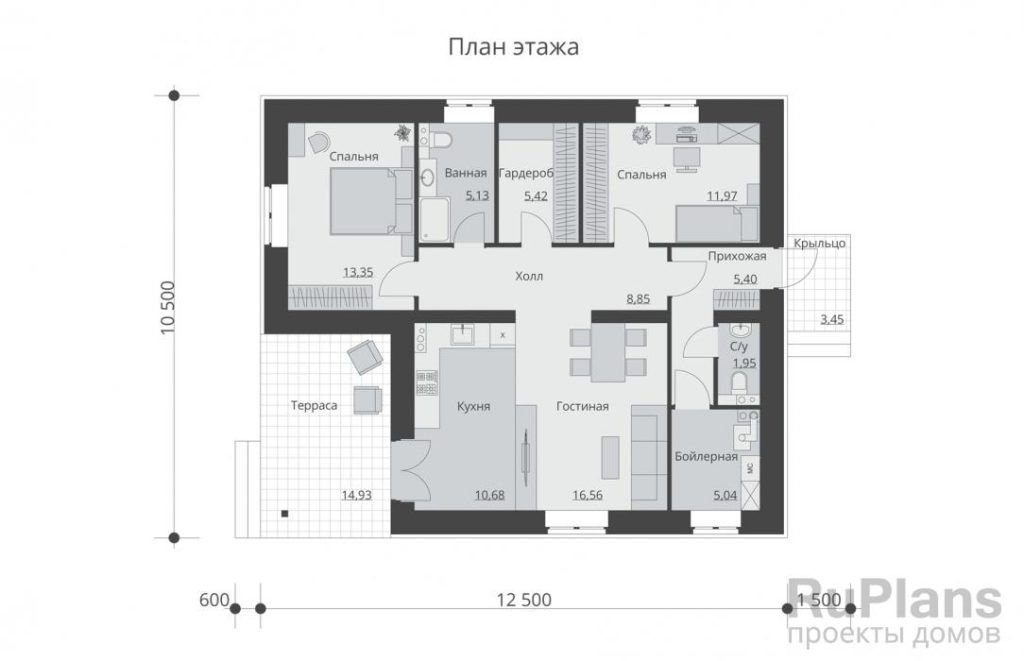 Планировка Одноэтажный дом с двумя спальнями и террасой Rg5928