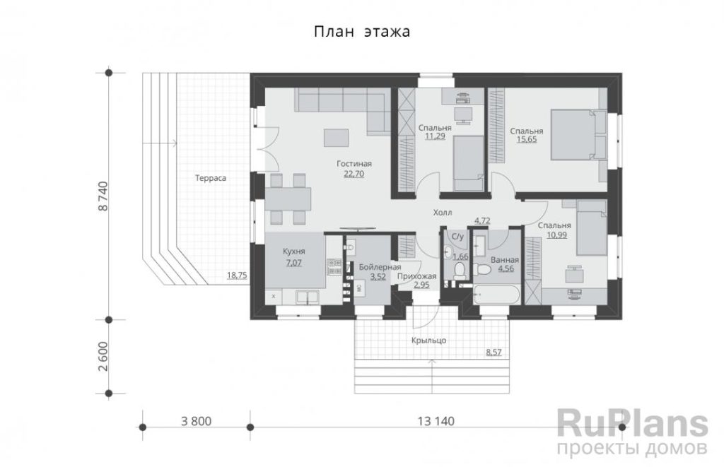 Планировка Одноэтажный дом с тремя спальнями и кухней-гостиной Rg5916