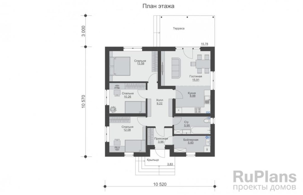 Планировка Одноэтажный дом с террасой, тремя спальнями и кухней-гостиной Rg6493