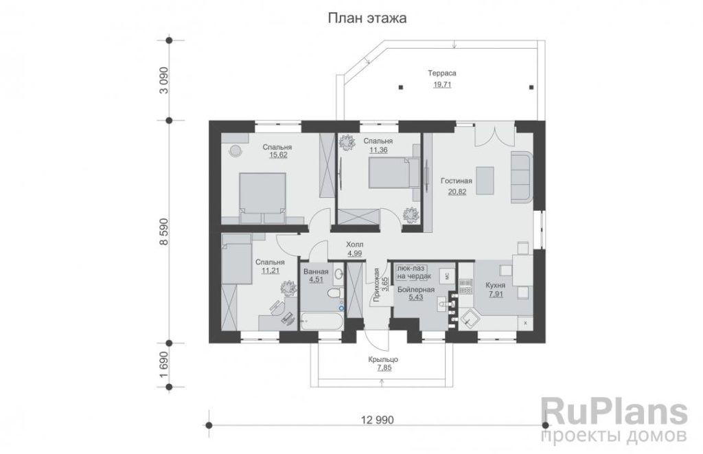 Планировка Одноэтажный дом с террасой,3мя спальнями, отделкой штукатуркой Rg6129
