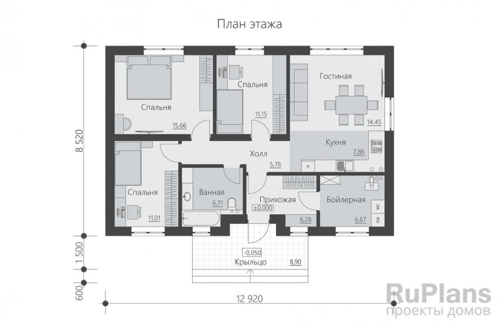 Планировка Одноэтажный дом с тремя спальнями Rg6291
