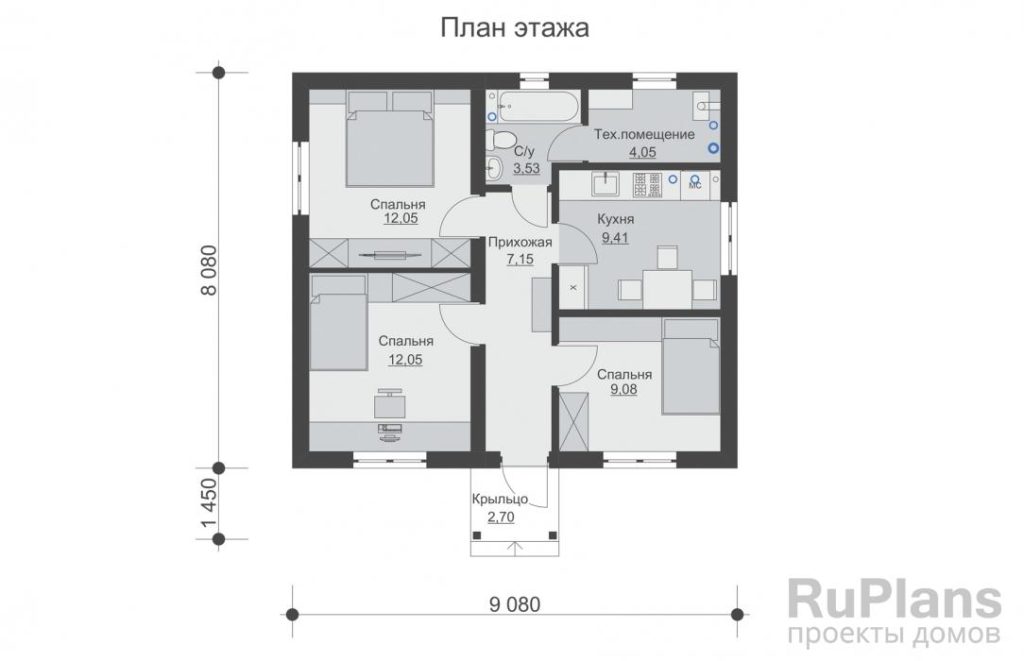 Планировка Одноэтажный дом с тремя спальнями Rg6378