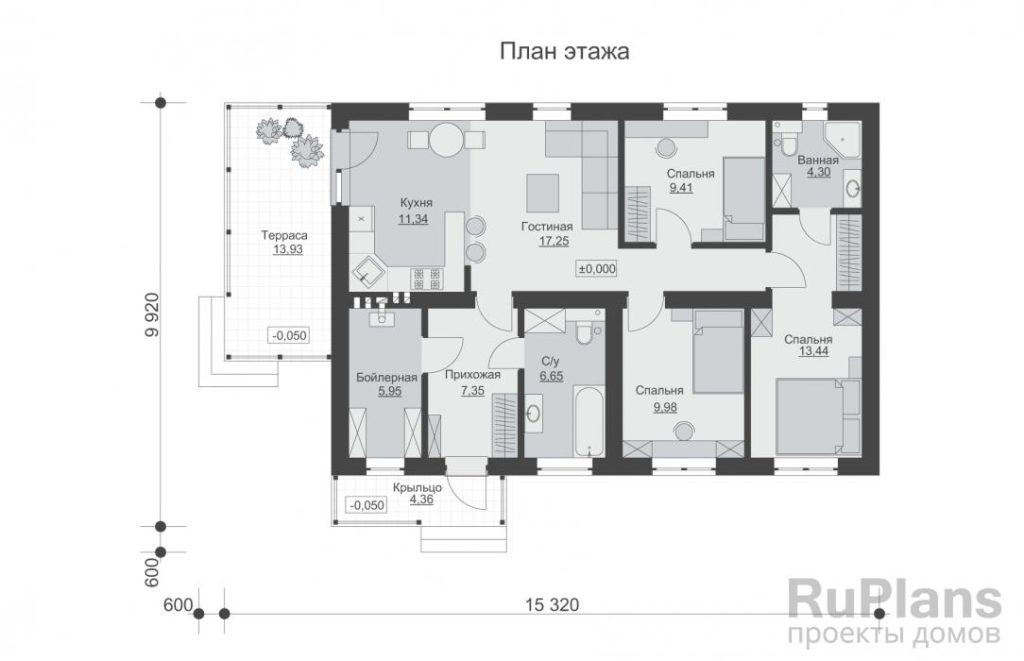 Планировка Одноэтажный дом с тремя спальнями и террасой Rg6395