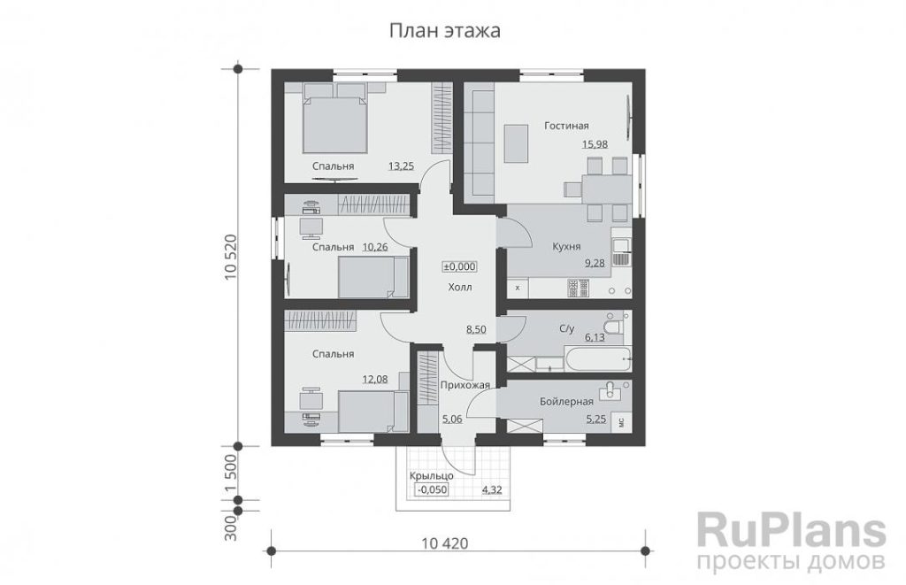 Планировка Одноэтажный дом с тремя спальнями и двухскатной кровлей Rg6289