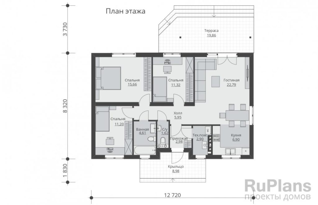 Планировка Одноэтажный жилой дом с тремя спальнями и террасой Rg6174