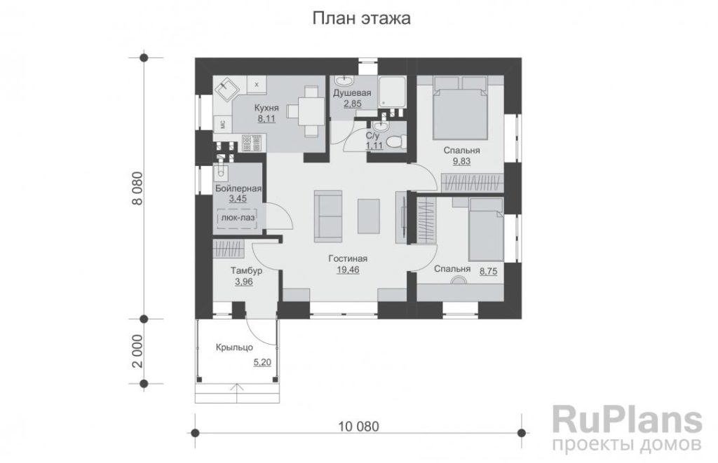 Планировка Одноэтажный дом с террасой и двумя спальнями Rg6316